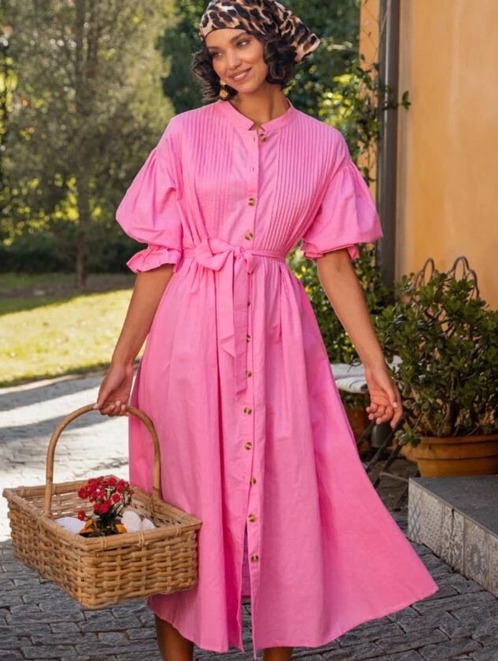 La Bohème Girls Linen Cotton Pink Button-Front Belted Maxi Dress